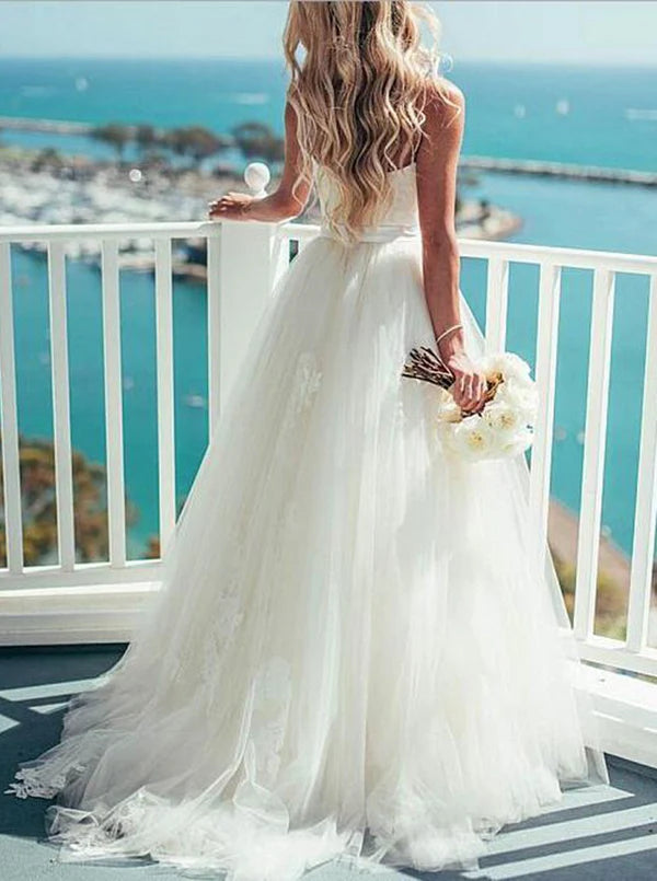 Luolandi Unique Tulle Spaghetti Straps Neckline A-line Wedding Dresses Charming Bridal Gown